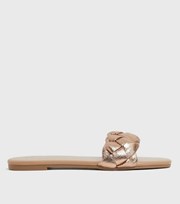 New Look Wide Fit Rose Gold Plaited Open Toe Sliders